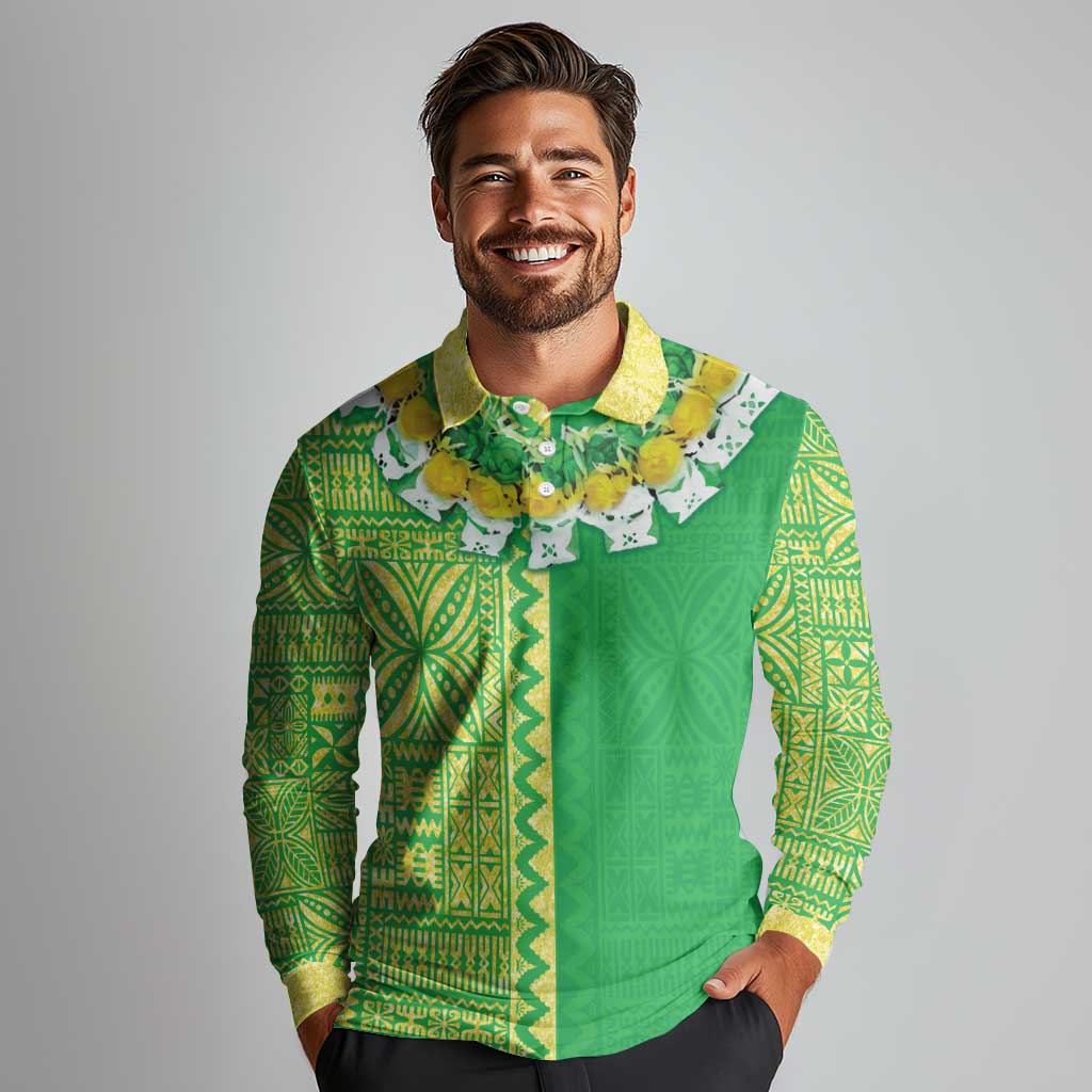 Fiji Lovoni Long Sleeve Polo Shirt Fijian Tapa Salusalu Green Glitter