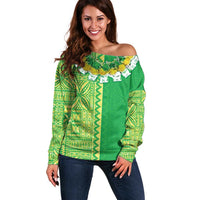 Fiji Lovoni Off Shoulder Sweater Fijian Tapa Salusalu Green Glitter