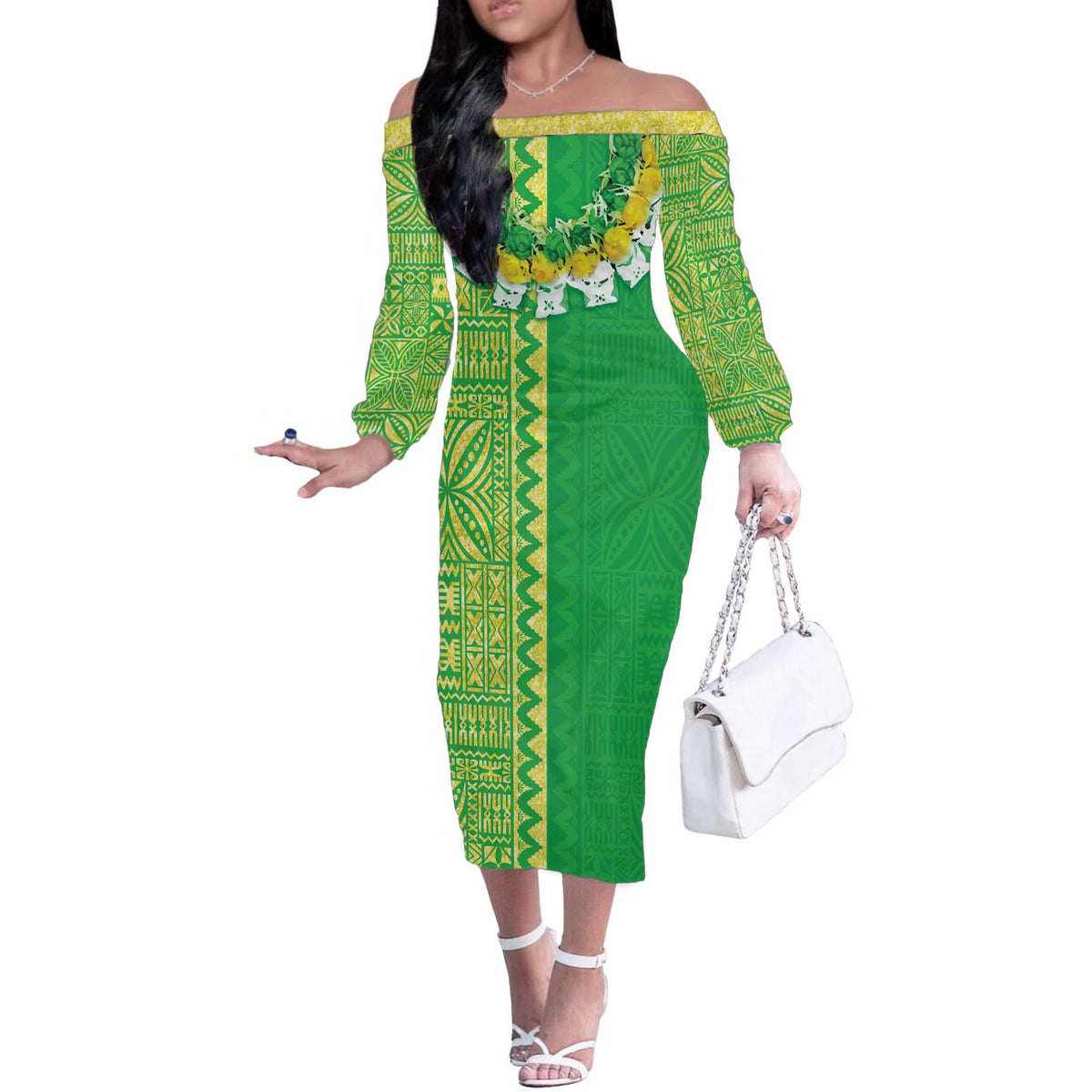 Fiji Lovoni Off The Shoulder Long Sleeve Dress Fijian Tapa Salusalu Green Glitter
