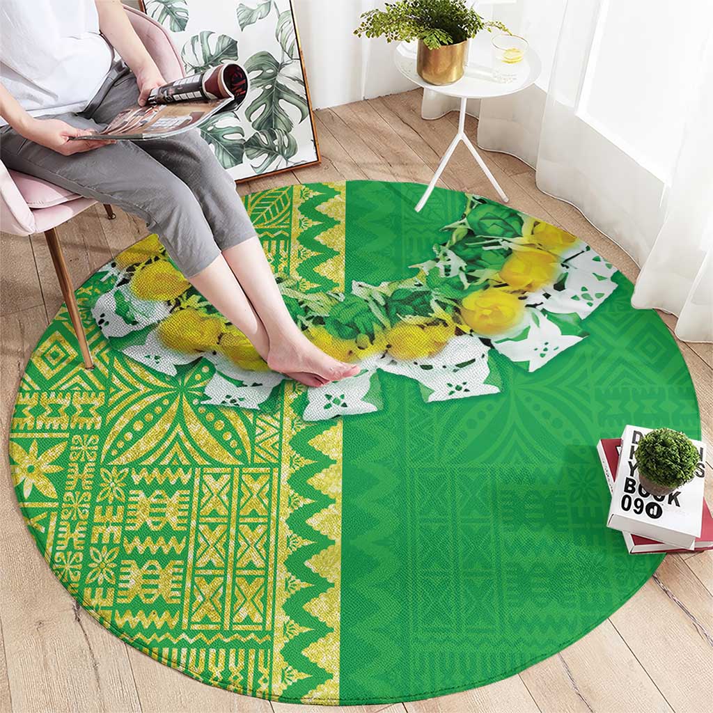 Fiji Lovoni Round Carpet Fijian Tapa Salusalu Green Glitter
