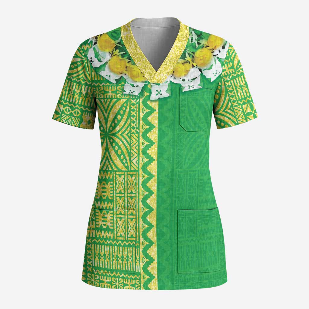 Fiji Lovoni Scrub Top Fijian Tapa Salusalu Green Glitter - Polynesian Pride