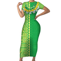 Fiji Lovoni Short Sleeve Bodycon Dress Fijian Tapa Salusalu Green Glitter