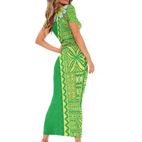 Fiji Lovoni Short Sleeve Bodycon Dress Fijian Tapa Salusalu Green Glitter