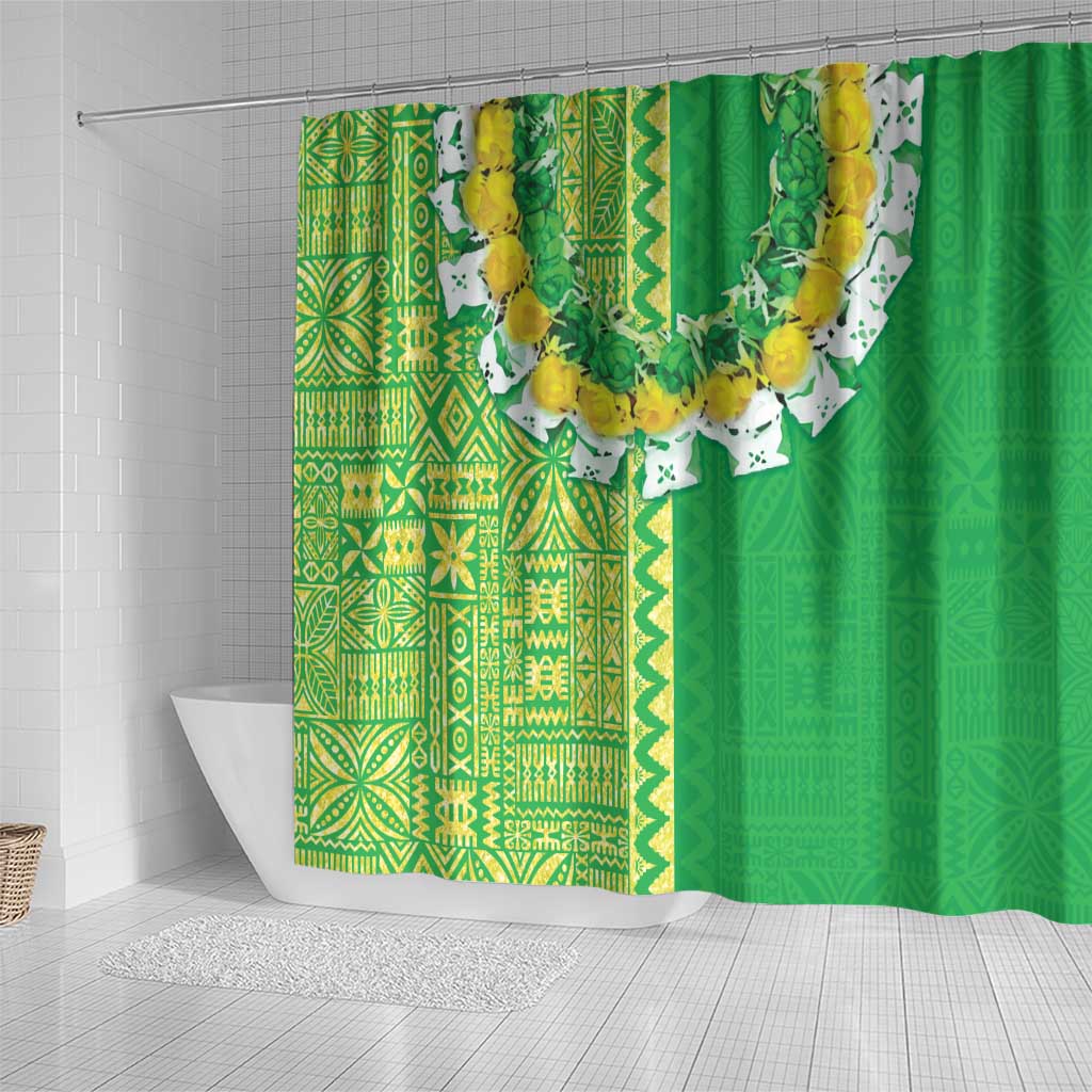 Fiji Lovoni Shower Curtain Fijian Tapa Salusalu Green Glitter