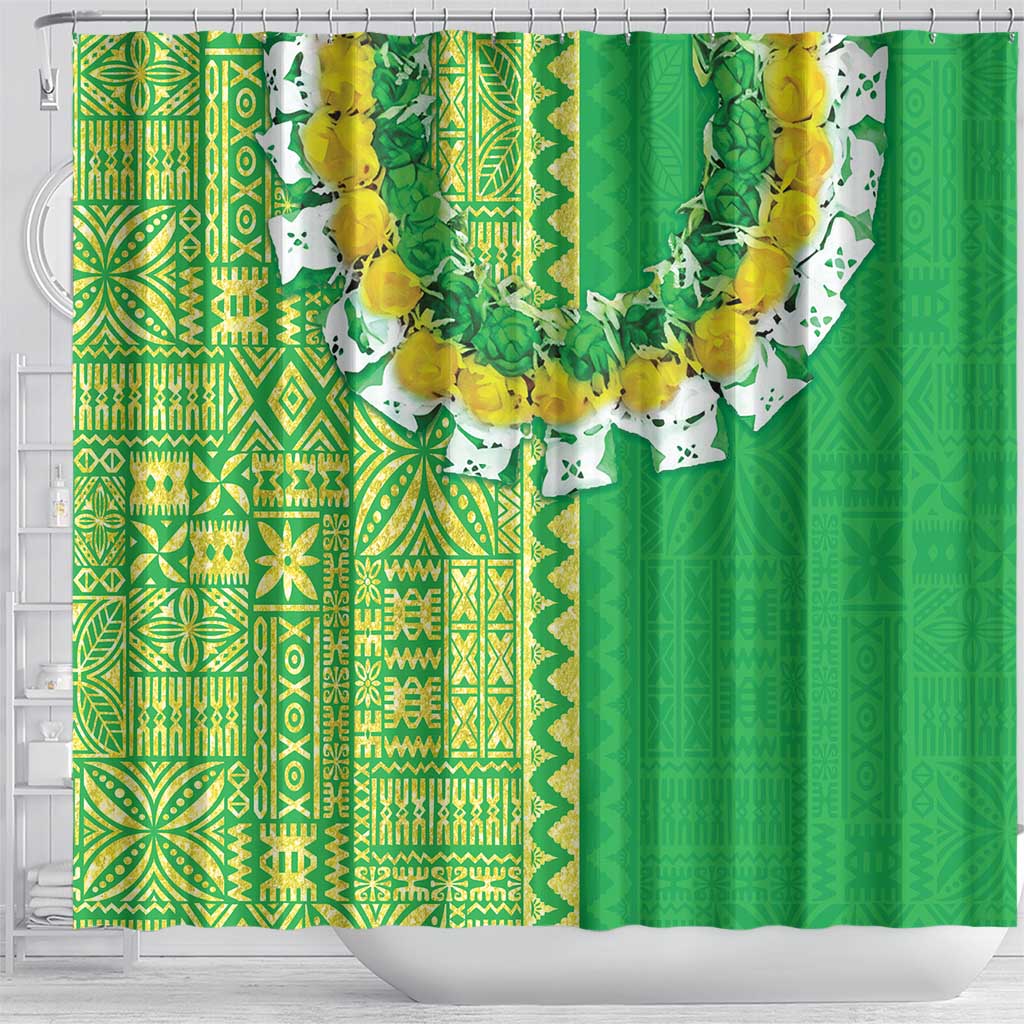 Fiji Lovoni Shower Curtain Fijian Tapa Salusalu Green Glitter