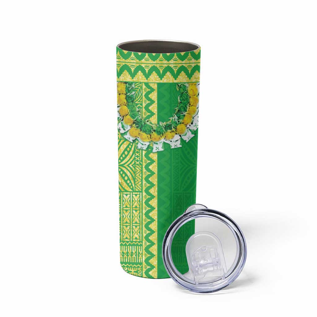 Fiji Lovoni Skinny Tumbler Fijian Tapa Salusalu Green Glitter