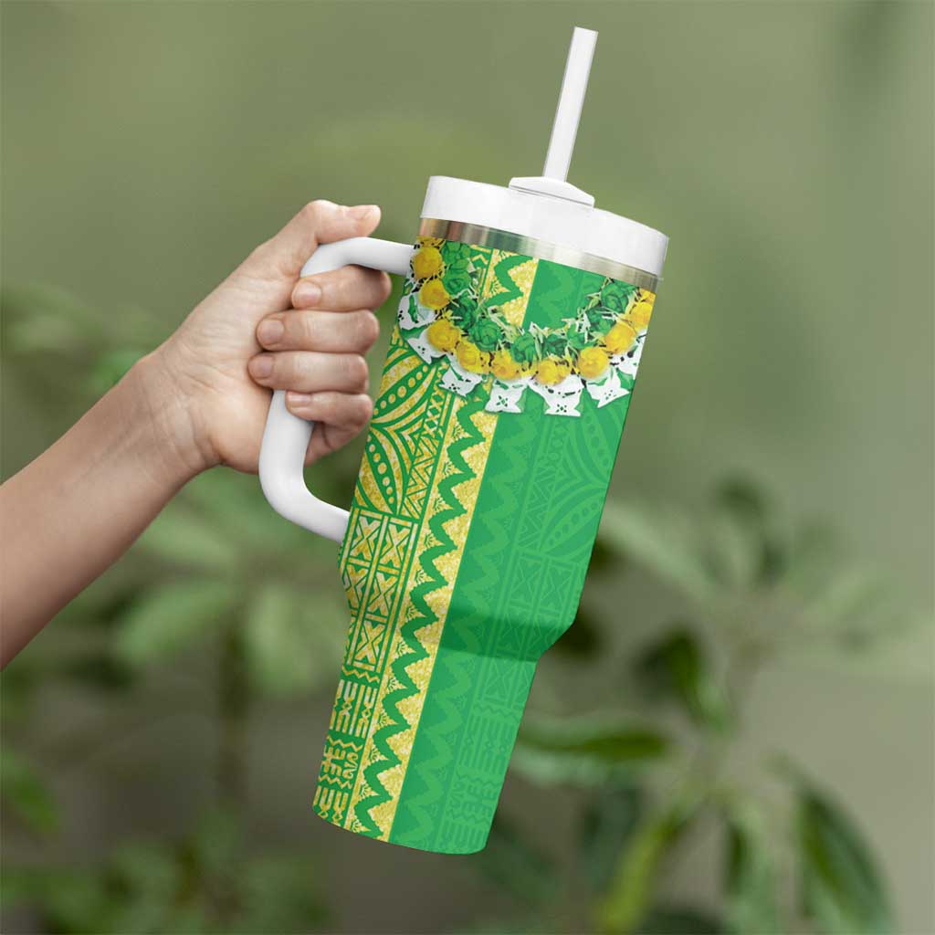 Fiji Lovoni Tumbler With Handle Fijian Tapa Salusalu Green Glitter
