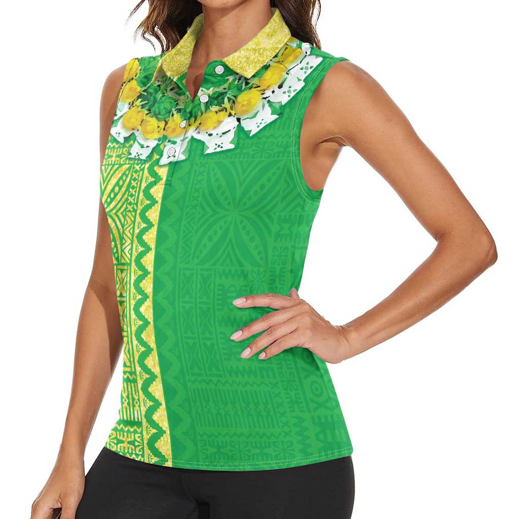 Fiji Lovoni Women Sleeveless Polo Shirt Fijian Tapa Salusalu Green Glitter