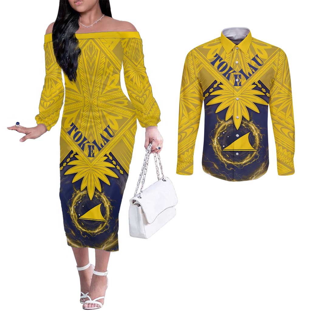 Tokelau Tokehega Day Couples Matching Off The Shoulder Long Sleeve Dress and Long Sleeve Button Shirt National Badge Special Style LT05 Yellow - Polynesian Pride