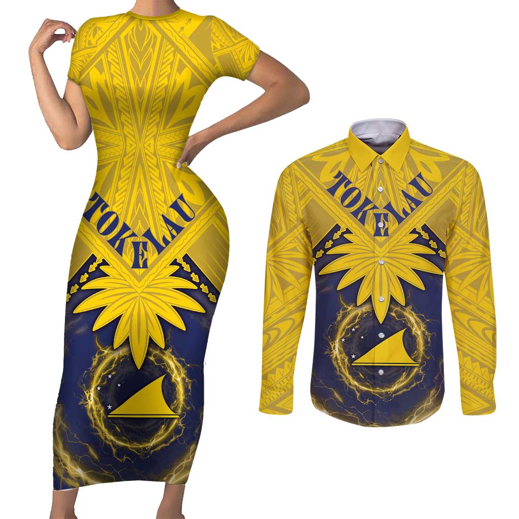 Tokelau Tokehega Day Couples Matching Short Sleeve Bodycon Dress and Long Sleeve Button Shirt National Badge Special Style - Polynesian Pride