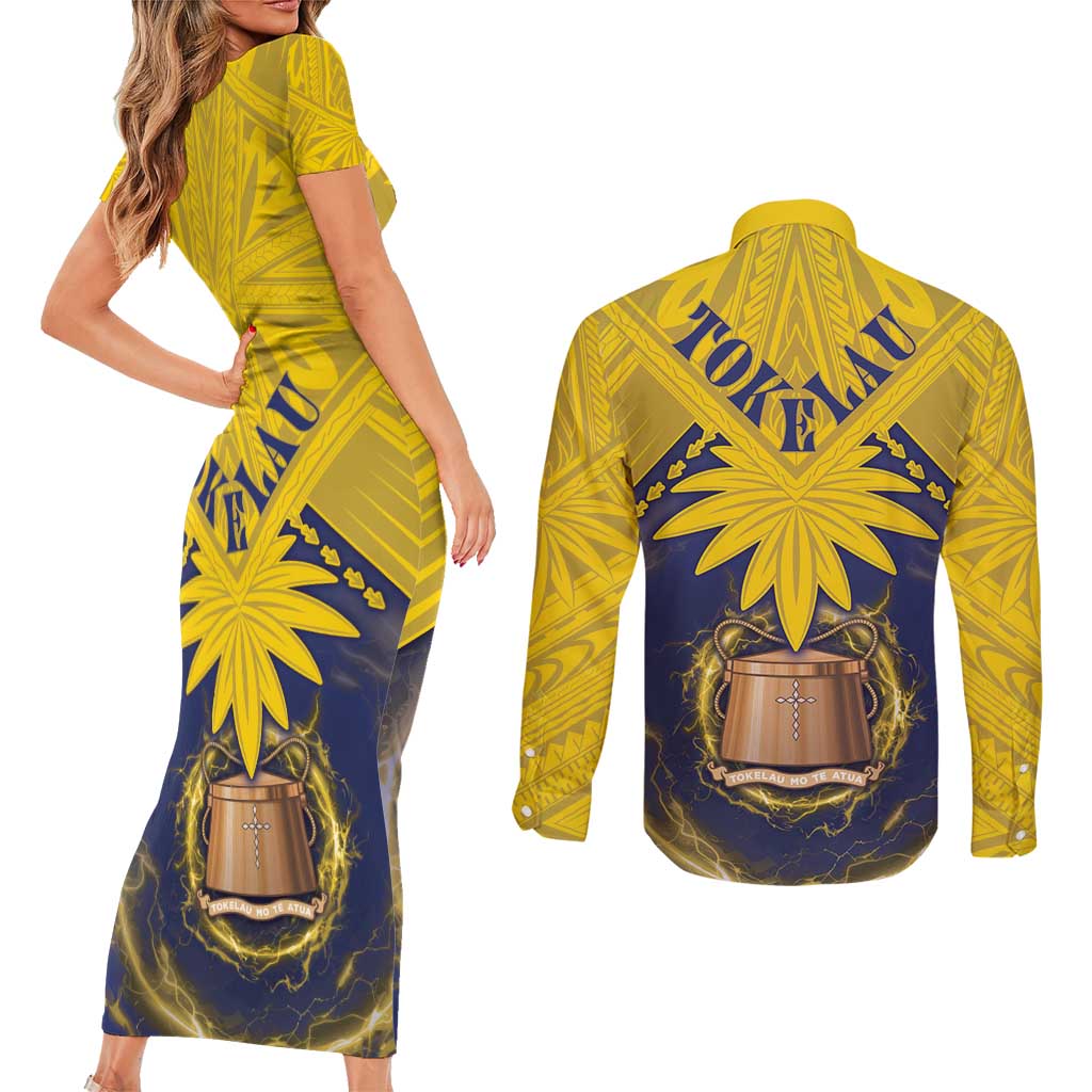 Tokelau Tokehega Day Couples Matching Short Sleeve Bodycon Dress and Long Sleeve Button Shirt National Badge Special Style - Polynesian Pride