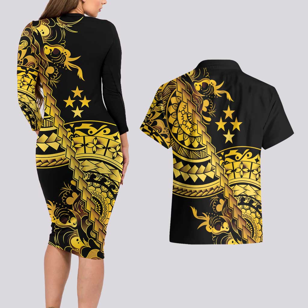 Kosrae Liberation Day Couples Matching Long Sleeve Bodycon Dress and Hawaiian Shirt Polynesian Floral Tattoo - Polynesian Pride