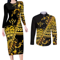 Kosrae Liberation Day Couples Matching Long Sleeve Bodycon Dress and Long Sleeve Button Shirt Polynesian Floral Tattoo - Polynesian Pride