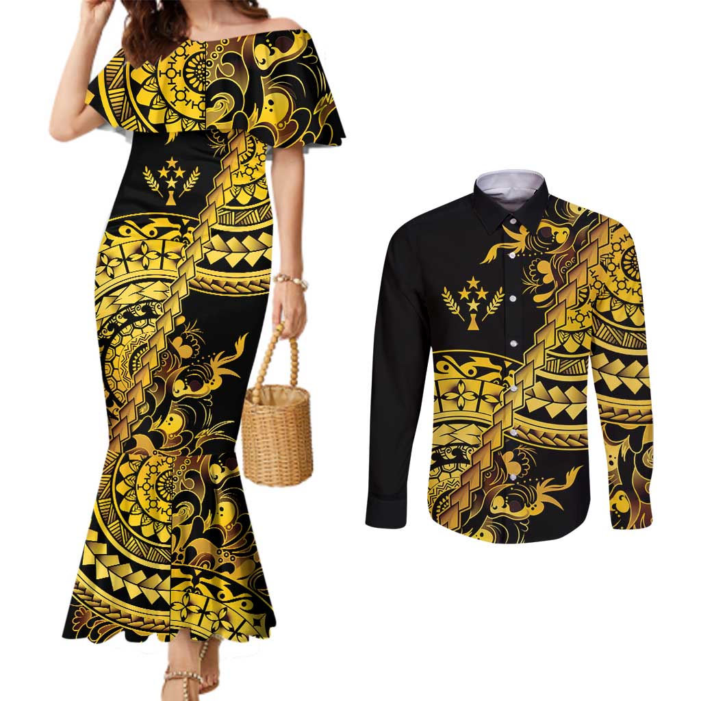 Kosrae Liberation Day Couples Matching Mermaid Dress and Long Sleeve Button Shirt Polynesian Floral Tattoo - Polynesian Pride
