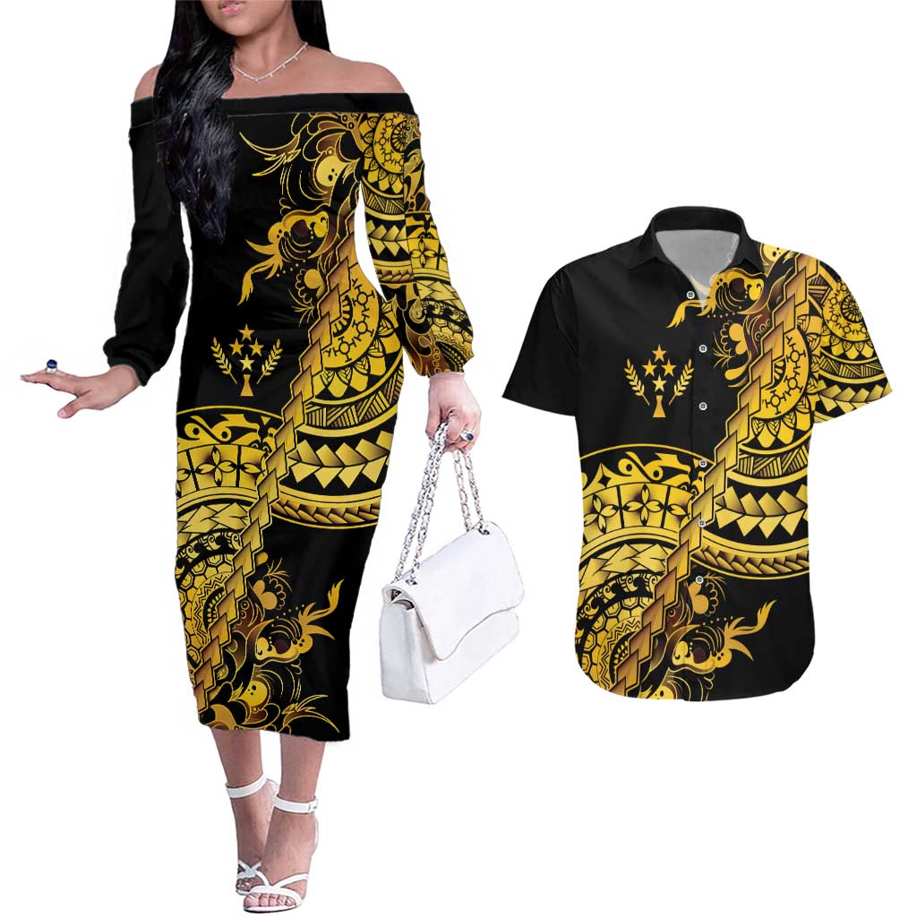 Kosrae Liberation Day Couples Matching Off The Shoulder Long Sleeve Dress and Hawaiian Shirt Polynesian Floral Tattoo - Polynesian Pride