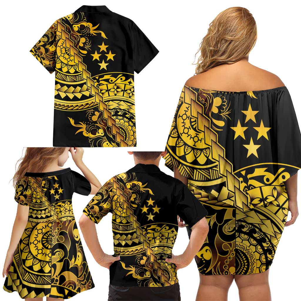 Kosrae Liberation Day Family Matching Off Shoulder Short Dress and Hawaiian Shirt Polynesian Floral Tattoo - Polynesian Pride