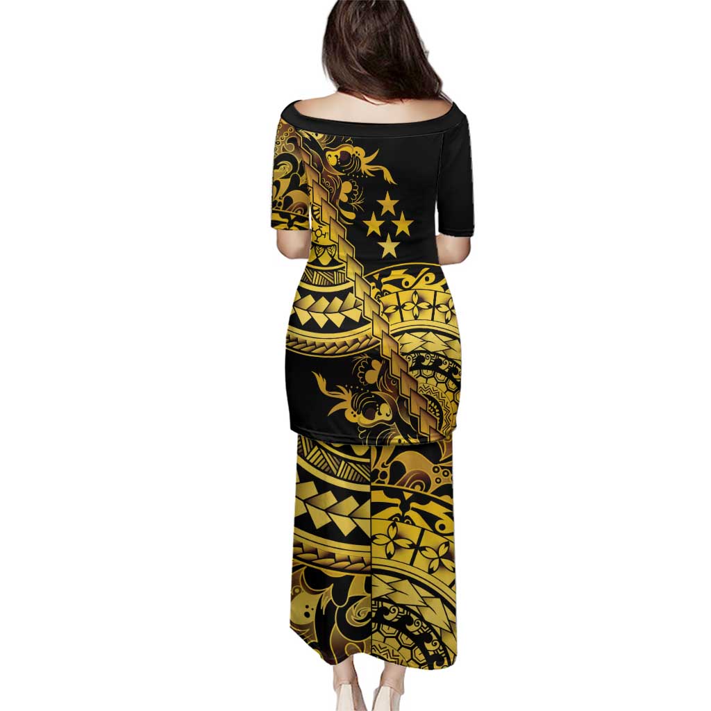 Kosrae Liberation Day Family Matching Puletasi and Hawaiian Shirt Polynesian Floral Tattoo - Polynesian Pride