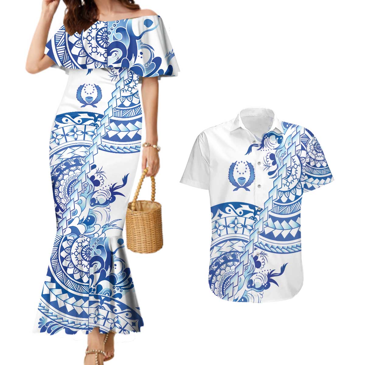 Pohnpei Liberation Day Couples Matching Mermaid Dress and Hawaiian Shirt Polynesian Floral Tattoo - Polynesian Pride