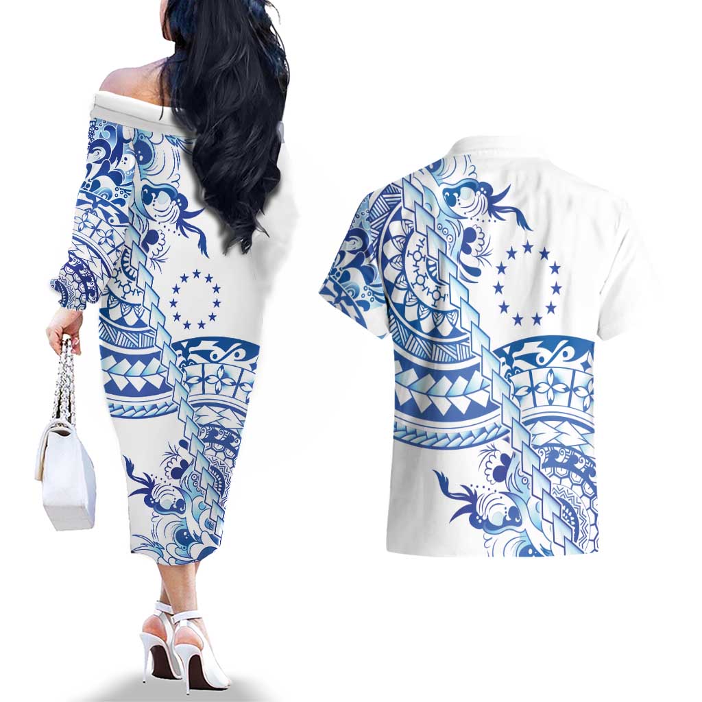 Pohnpei Liberation Day Couples Matching Off The Shoulder Long Sleeve Dress and Hawaiian Shirt Polynesian Floral Tattoo - Polynesian Pride