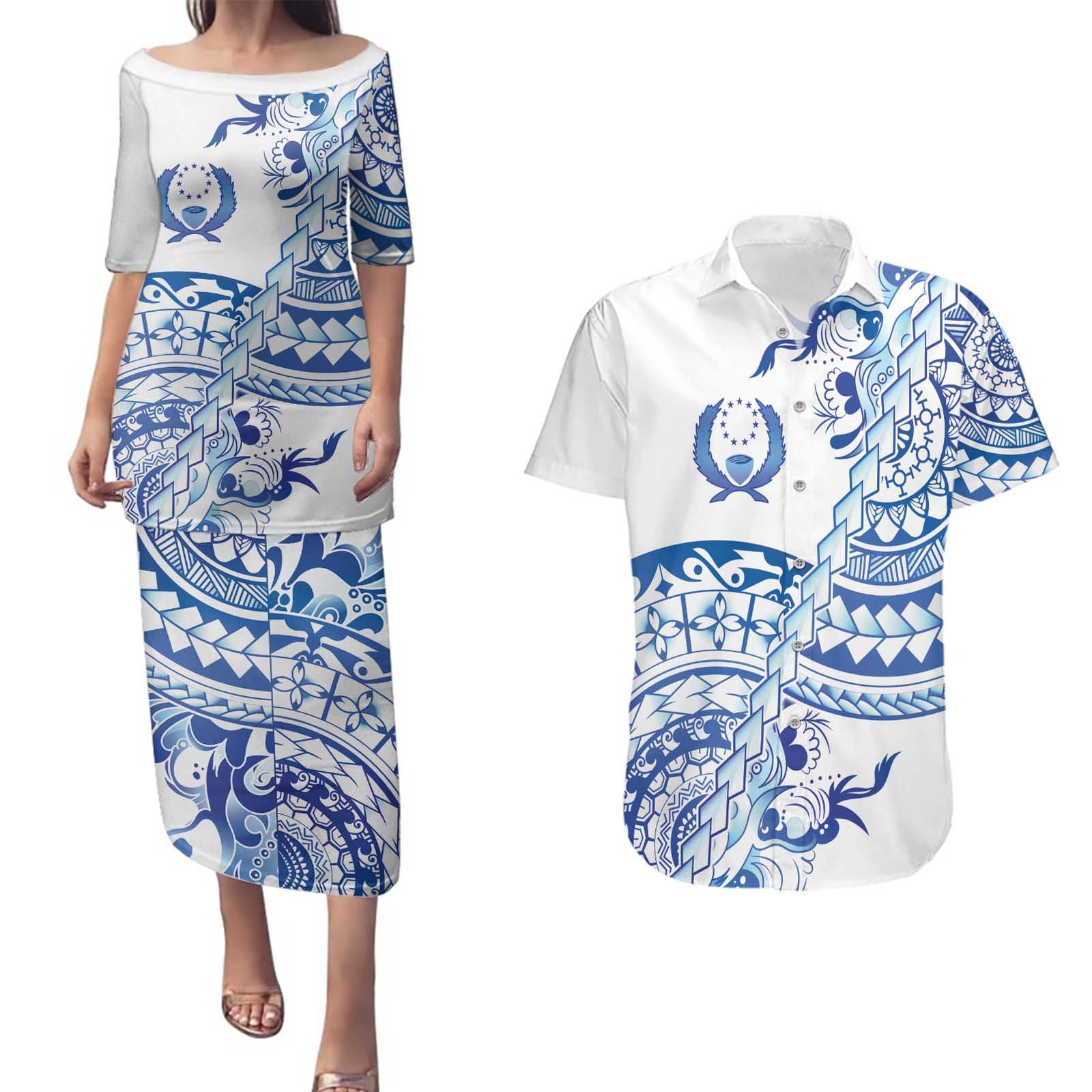 Pohnpei Liberation Day Couples Matching Puletasi and Hawaiian Shirt Polynesian Floral Tattoo - Polynesian Pride