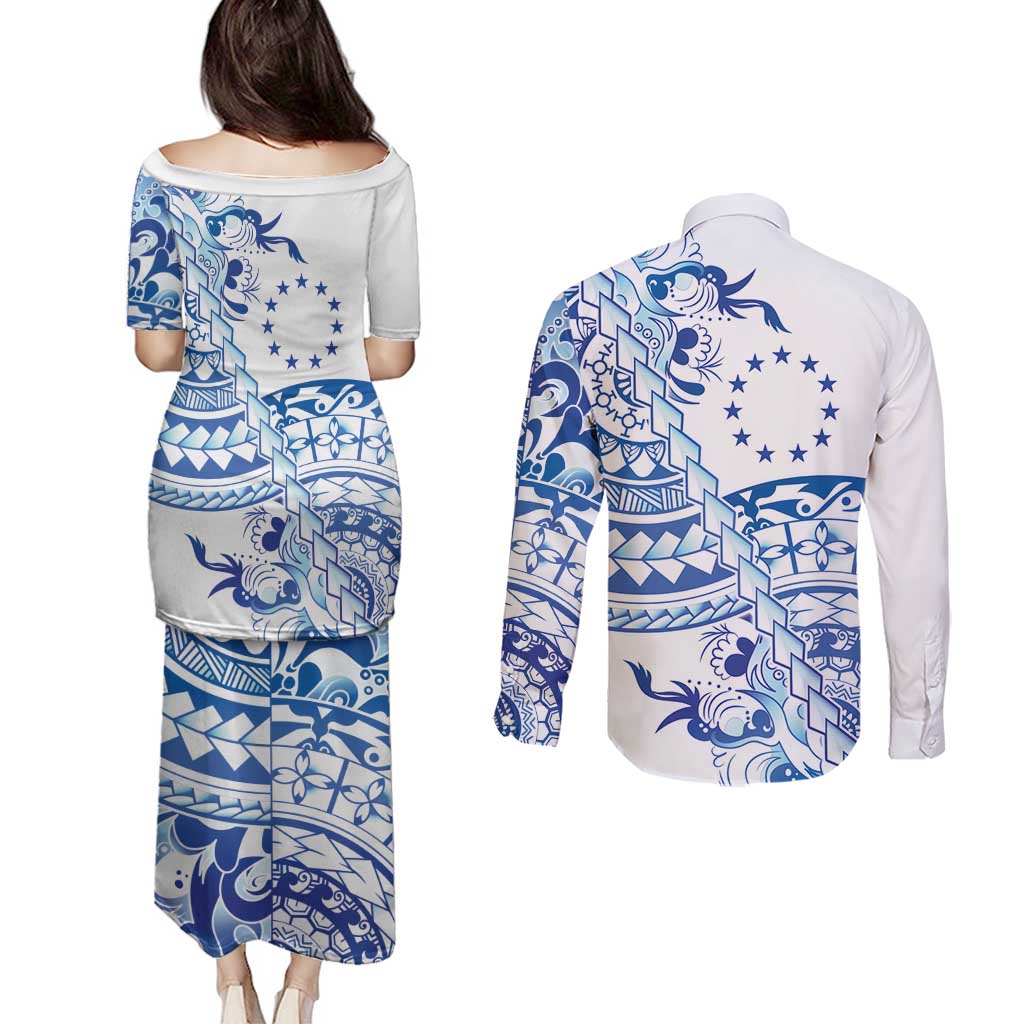 Pohnpei Liberation Day Couples Matching Puletasi and Long Sleeve Button Shirt Polynesian Floral Tattoo - Polynesian Pride