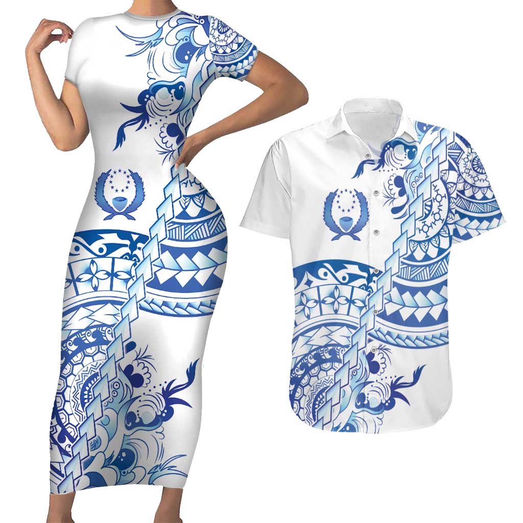 Pohnpei Liberation Day Couples Matching Short Sleeve Bodycon Dress and Hawaiian Shirt Polynesian Floral Tattoo - Polynesian Pride