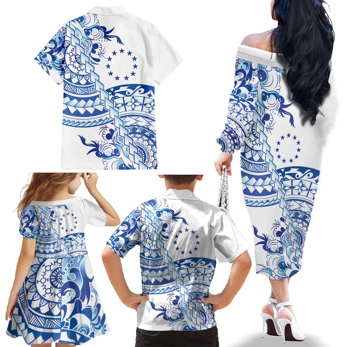 Pohnpei Liberation Day Family Matching Off The Shoulder Long Sleeve Dress and Hawaiian Shirt Polynesian Floral Tattoo - Polynesian Pride