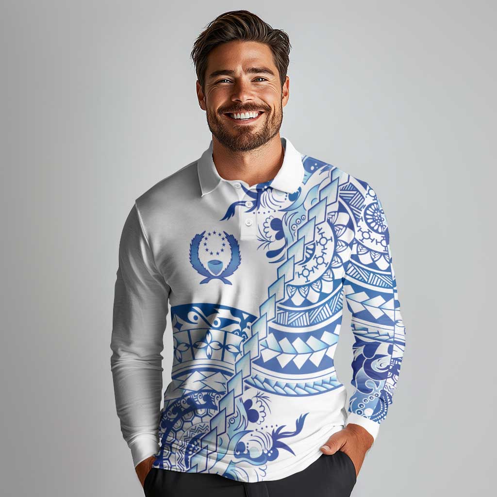 Pohnpei Liberation Day Long Sleeve Polo Shirt Polynesian Floral Tattoo - Polynesian Pride