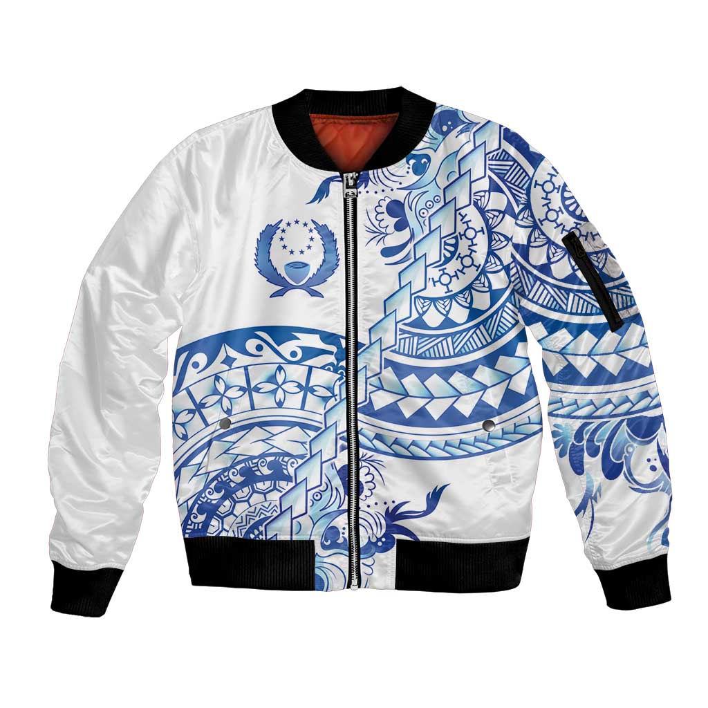 Pohnpei Liberation Day Sleeve Zip Bomber Jacket Polynesian Floral Tattoo - Polynesian Pride