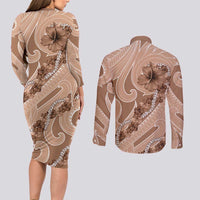 Hawaii Brown Hibiscus Pikake Lei Couples Matching Long Sleeve Bodycon Dress and Long Sleeve Button Shirt - Polynesian Pride