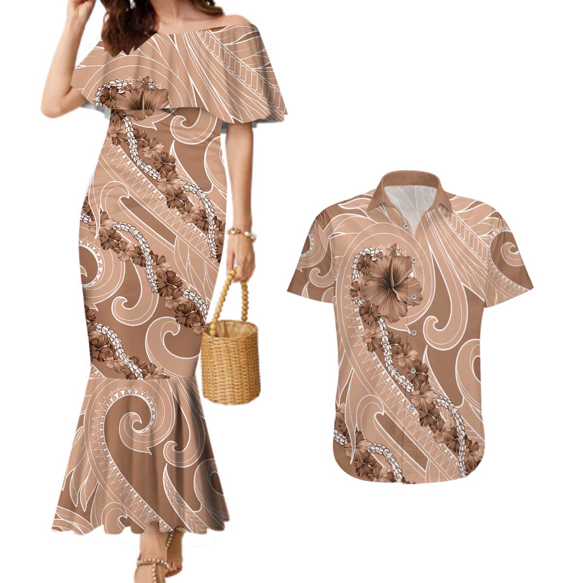 Hawaii Brown Hibiscus Pikake Lei Couples Matching Mermaid Dress and Hawaiian Shirt - Polynesian Pride
