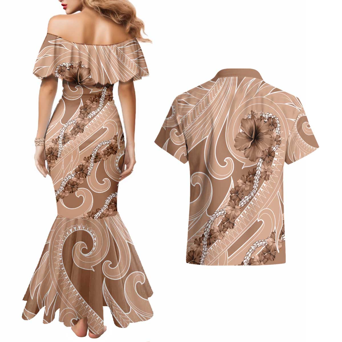 Hawaii Brown Hibiscus Pikake Lei Couples Matching Mermaid Dress and Hawaiian Shirt - Polynesian Pride