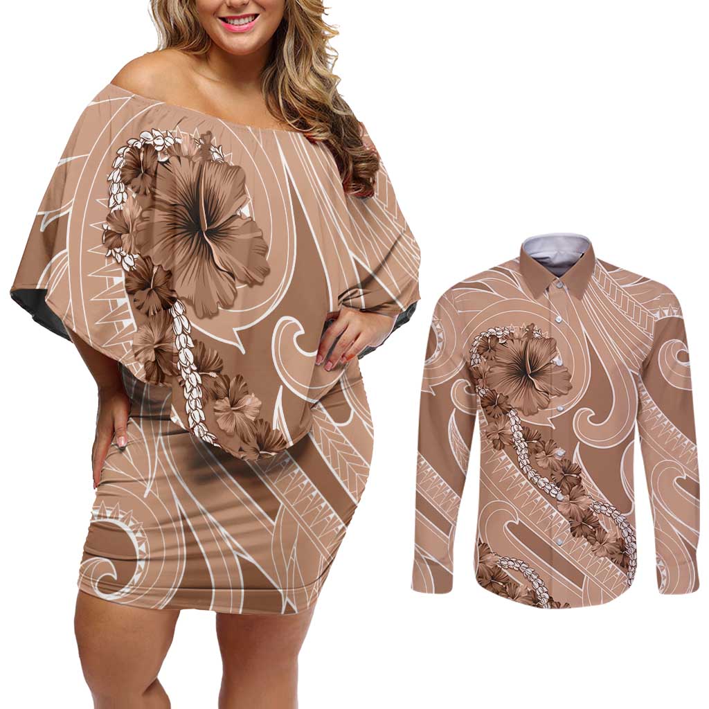 Hawaii Brown Hibiscus Pikake Lei Couples Matching Off Shoulder Short Dress and Long Sleeve Button Shirt - Polynesian Pride