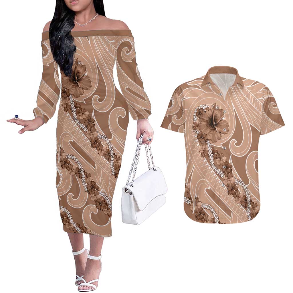 Hawaii Brown Hibiscus Pikake Lei Couples Matching Off The Shoulder Long Sleeve Dress and Hawaiian Shirt - Polynesian Pride