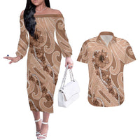 Hawaii Brown Hibiscus Pikake Lei Couples Matching Off The Shoulder Long Sleeve Dress and Hawaiian Shirt - Polynesian Pride