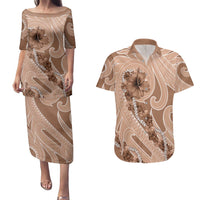 Hawaii Brown Hibiscus Pikake Lei Couples Matching Puletasi and Hawaiian Shirt - Polynesian Pride