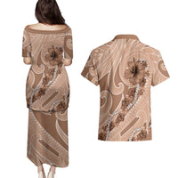 Hawaii Brown Hibiscus Pikake Lei Couples Matching Puletasi and Hawaiian Shirt - Polynesian Pride