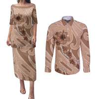 Hawaii Brown Hibiscus Pikake Lei Couples Matching Puletasi and Long Sleeve Button Shirt - Polynesian Pride
