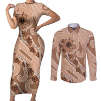 Hawaii Brown Hibiscus Pikake Lei Couples Matching Short Sleeve Bodycon Dress and Long Sleeve Button Shirt - Polynesian Pride