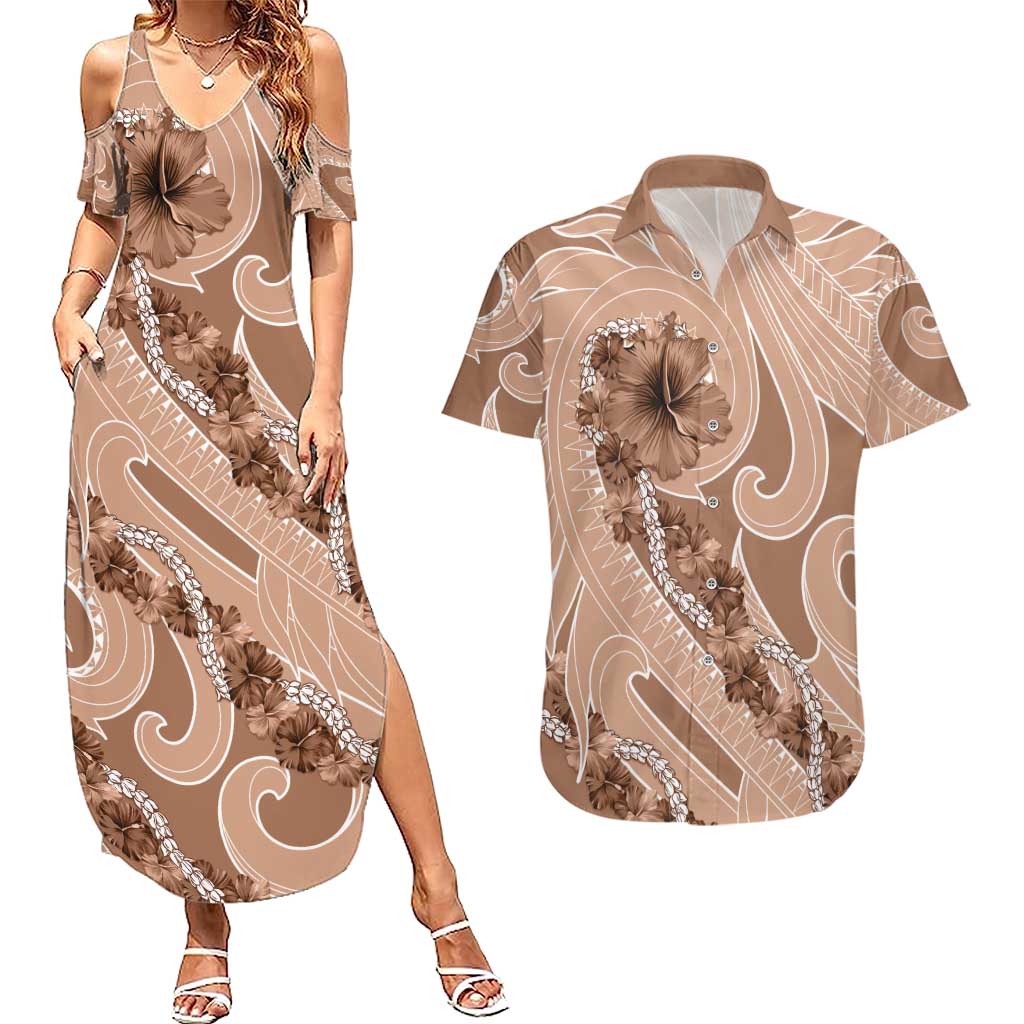 Hawaii Brown Hibiscus Pikake Lei Couples Matching Summer Maxi Dress and Hawaiian Shirt - Polynesian Pride Hawaii Brown Hibiscus Pikake Lei Couples Matching Summer Maxi Dress and Hawaiian Shirt - Polynesian Pride