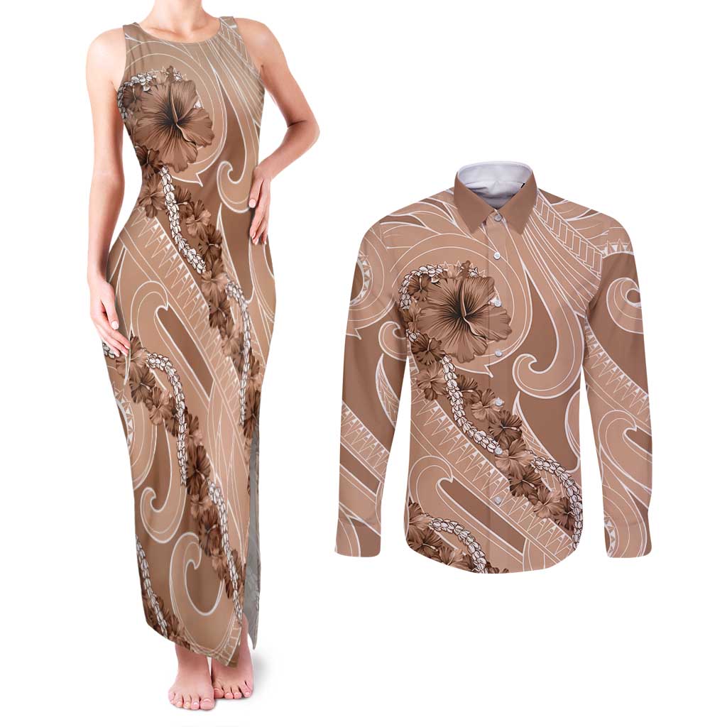 Hawaii Brown Hibiscus Pikake Lei Couples Matching Tank Maxi Dress and Long Sleeve Button Shirt - Polynesian Pride