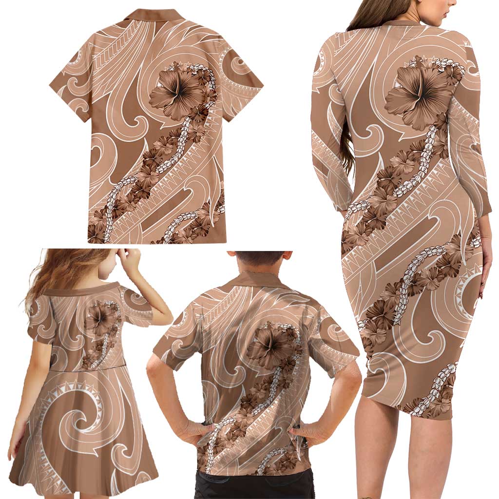 Hawaii Brown Hibiscus Pikake Lei Family Matching Long Sleeve Bodycon Dress and Hawaiian Shirt - Polynesian Pride