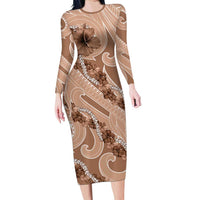 Hawaii Brown Hibiscus Pikake Lei Family Matching Long Sleeve Bodycon Dress and Hawaiian Shirt - Polynesian Pride