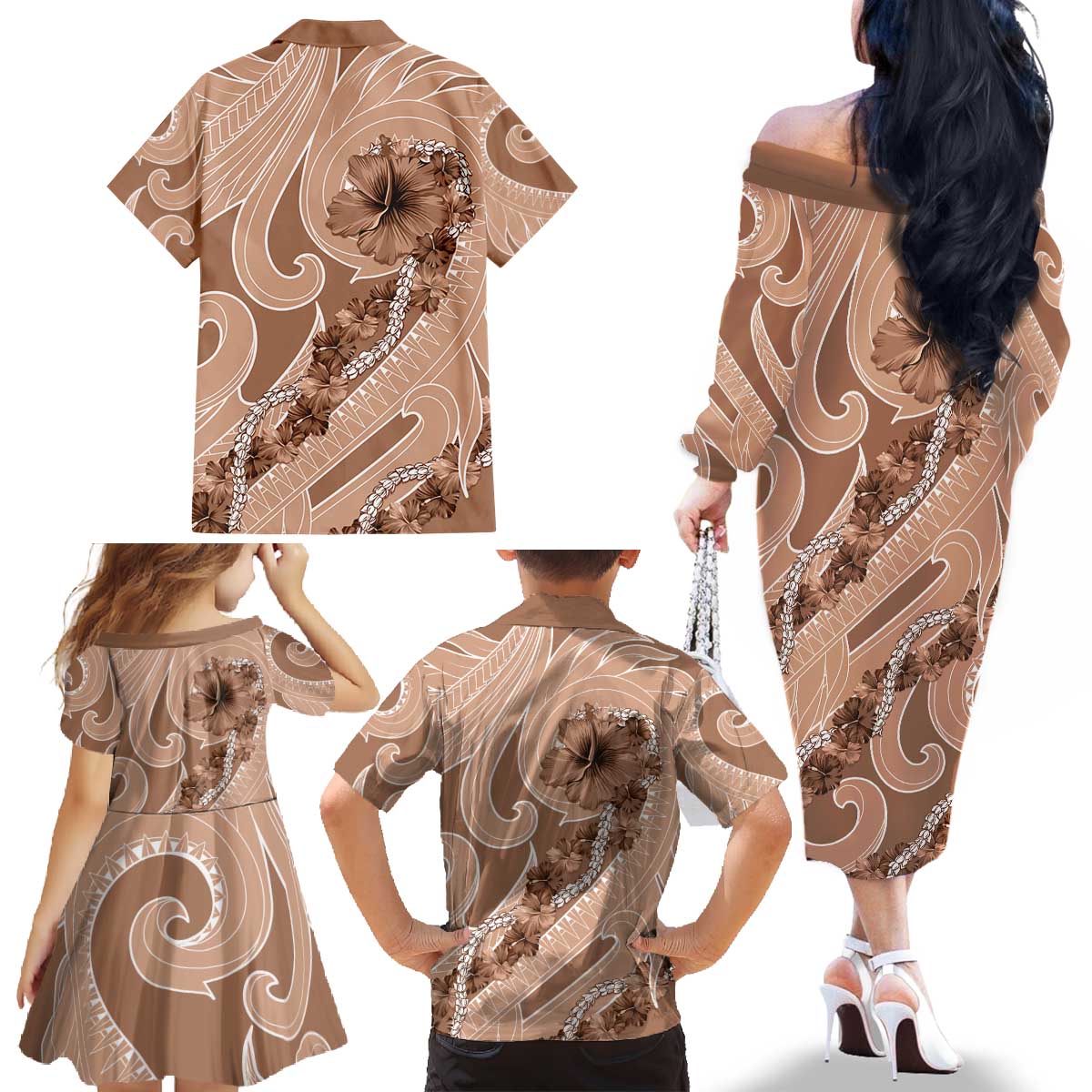 Hawaii Brown Hibiscus Pikake Lei Family Matching Off The Shoulder Long Sleeve Dress and Hawaiian Shirt - Polynesian Pride