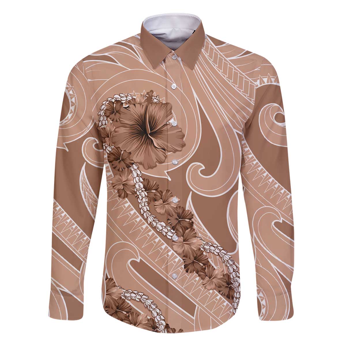 Hawaii Brown Hibiscus Pikake Lei Family Matching Off The Shoulder Long Sleeve Dress and Hawaiian Shirt - Polynesian Pride