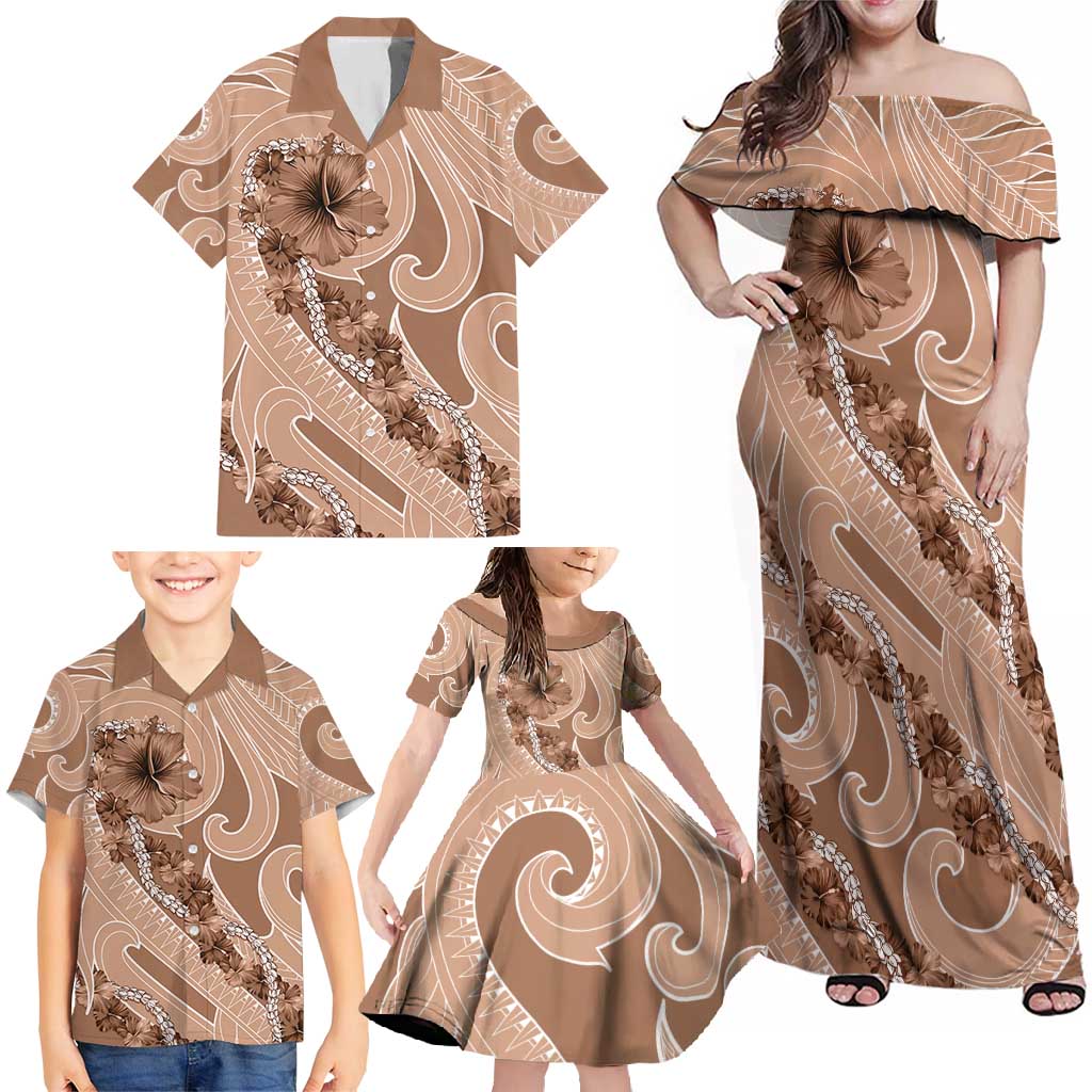 Hawaii Brown Hibiscus Pikake Lei Family Matching Off Shoulder Maxi Dress and Hawaiian Shirt - Polynesian Pride