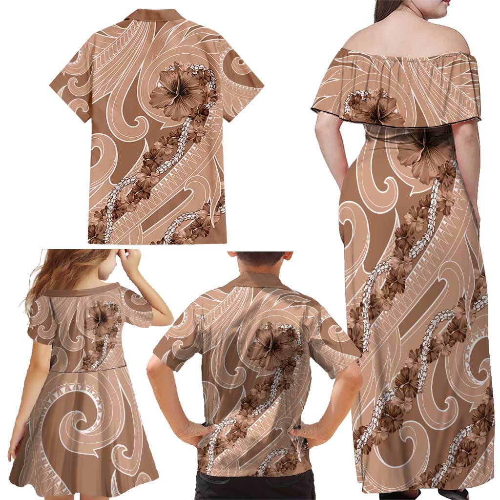 Hawaii Brown Hibiscus Pikake Lei Family Matching Off Shoulder Maxi Dress and Hawaiian Shirt - Polynesian Pride