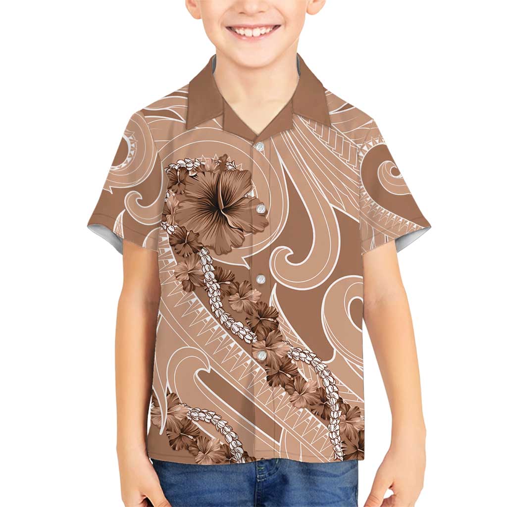 Hawaii Brown Hibiscus Pikake Lei Family Matching Off Shoulder Short Dress and Hawaiian Shirt - Polynesian Pride