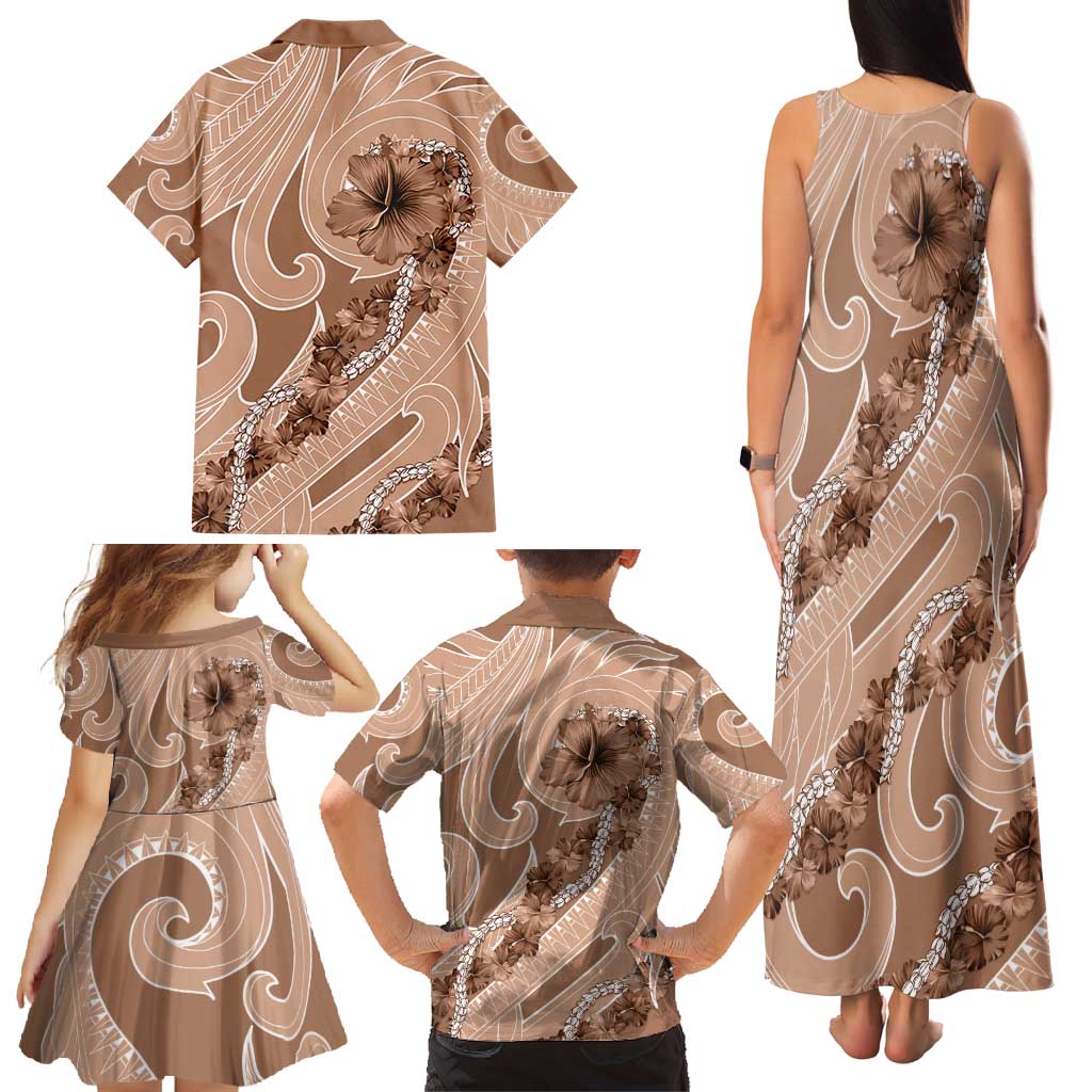 Hawaii Brown Hibiscus Pikake Lei Family Matching Tank Maxi Dress and Hawaiian Shirt - Polynesian Pride