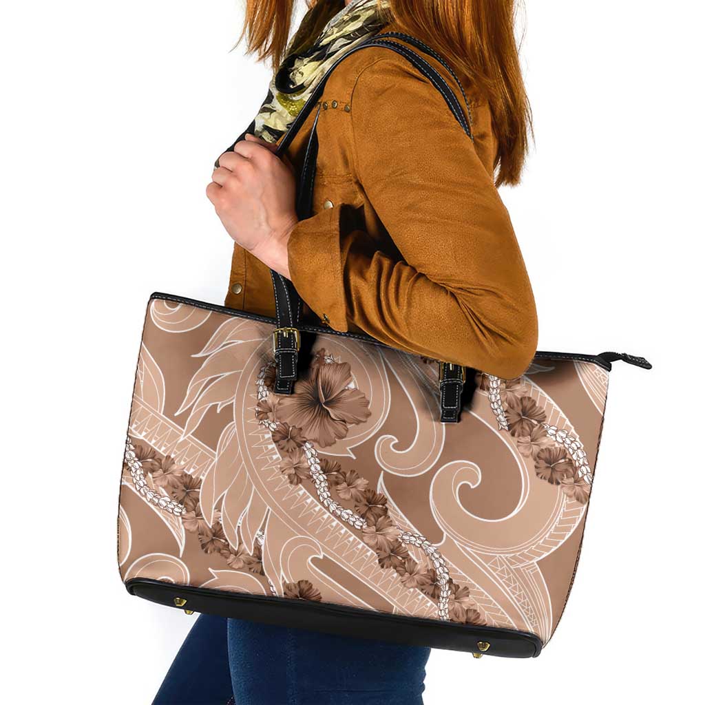 Hawaii Brown Hibiscus Pikake Lei Leather Tote Bag LT05 Brown - Polynesian Pride